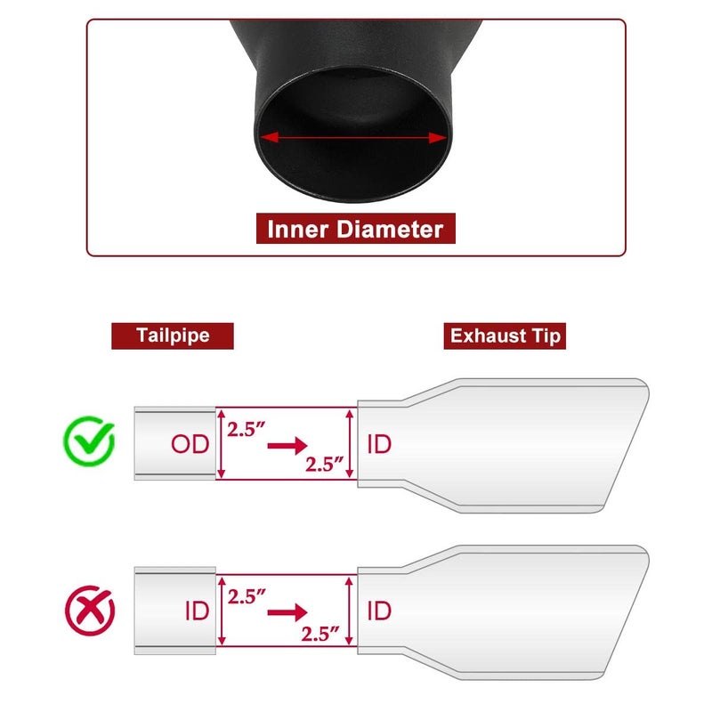 Upower مخرج عادم Upower بقطر 2.5 بوصة مدخل و 4 بوصة مخرج 2.5" إلى 4" نصائح أنبوب العادم بطول 9 بوصات باللون الأسود بسماكة 1.2 مم من الفولاذ المقاوم للصدأ بمدخل 2 1/2 نهاية مدورة (عبوة من 2)  - Image 4